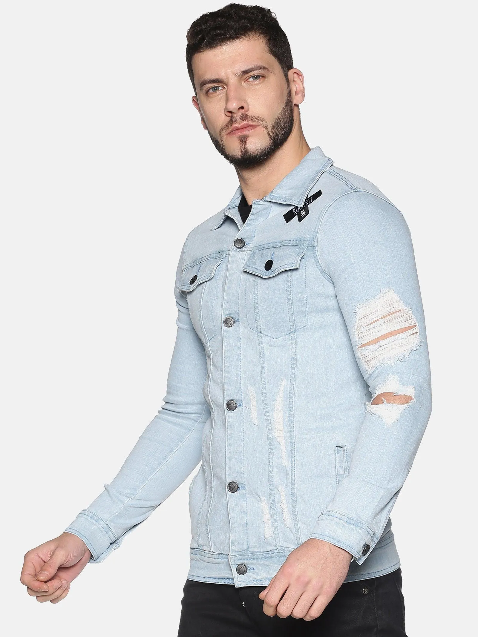 Kultprit Men's Full Sleeves Denim Jackets With Heavy Distressed