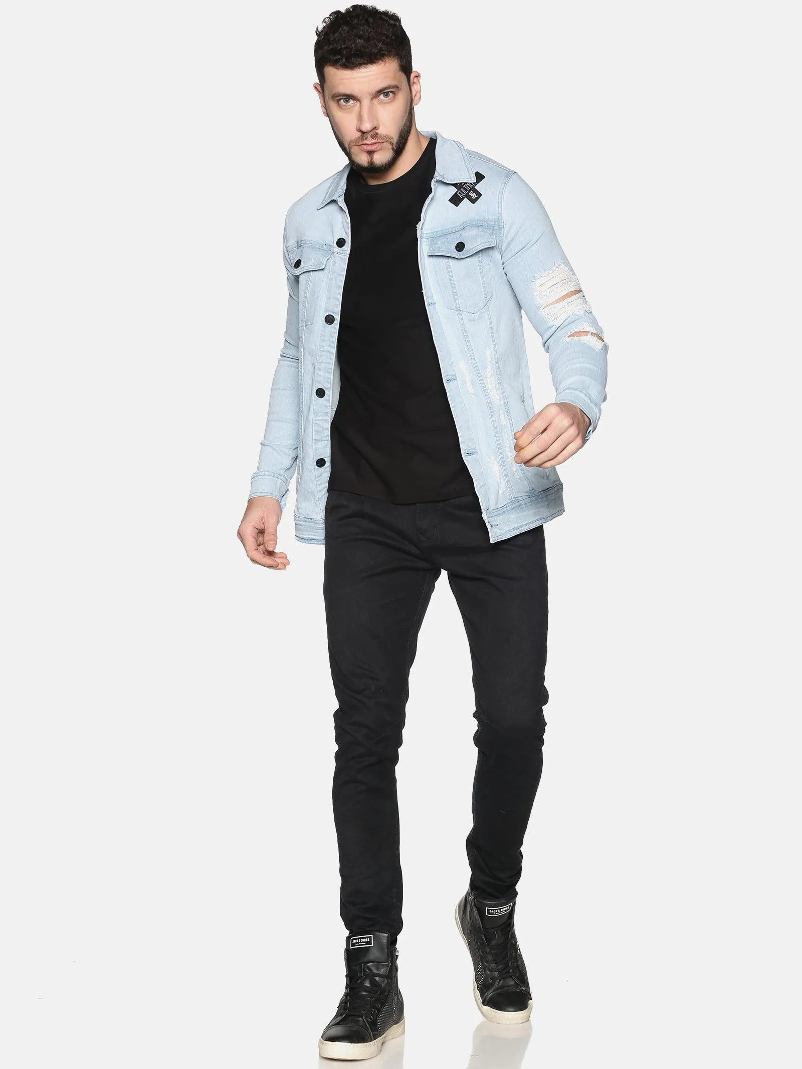 Kultprit Men's Full Sleeves Denim Jackets With Heavy Distressed