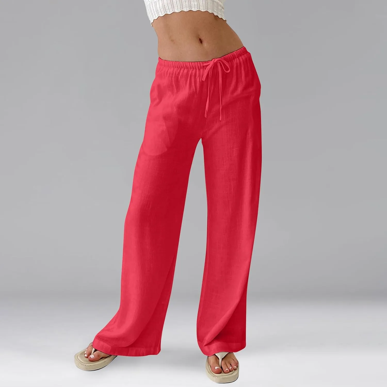 Ladies Linen Pants Summer Drawstring High Waist Wide Pants Palazzo Pant Casual Tummy Control Trousers with Pockets