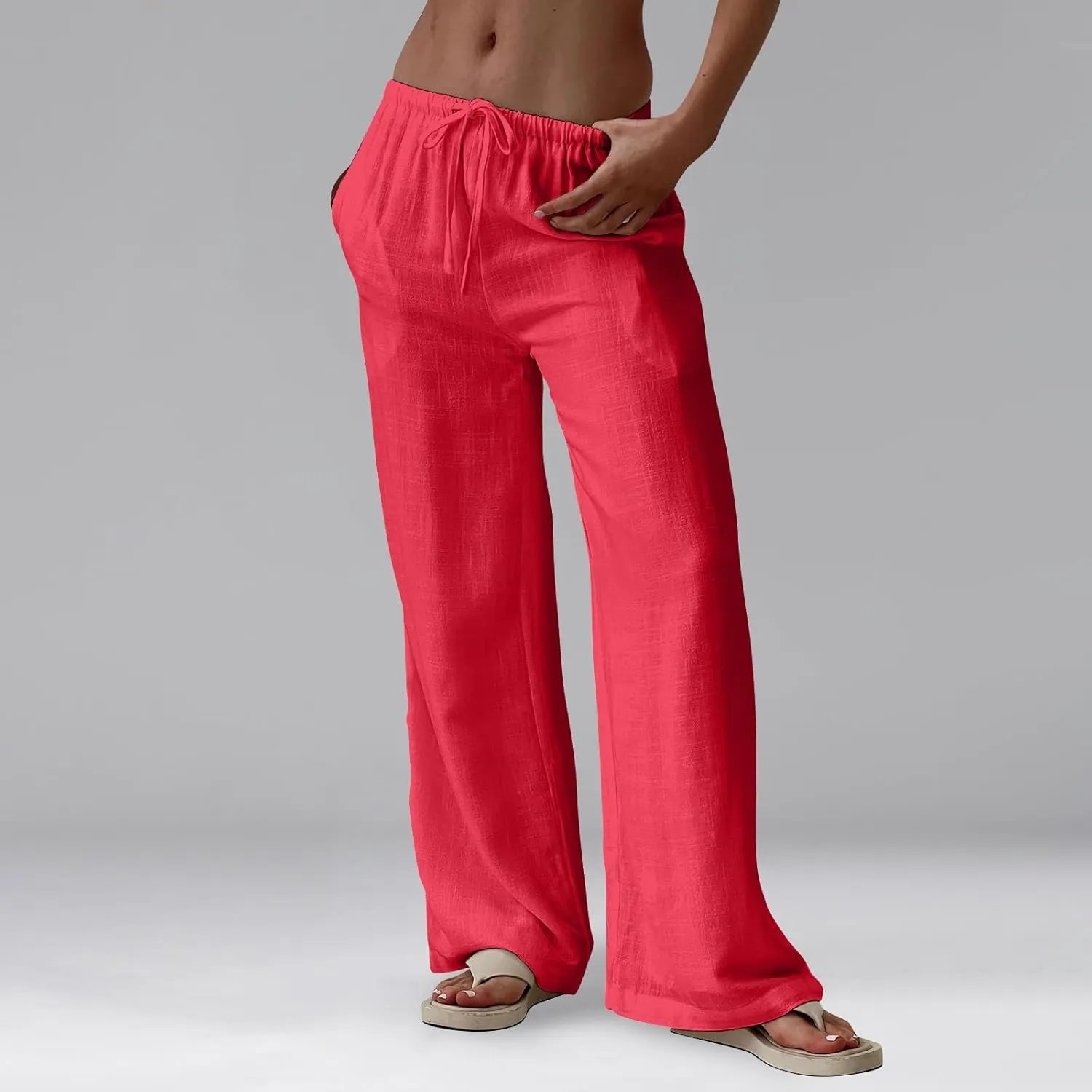 Ladies Linen Pants Summer Drawstring High Waist Wide Pants Palazzo Pant Casual Tummy Control Trousers with Pockets