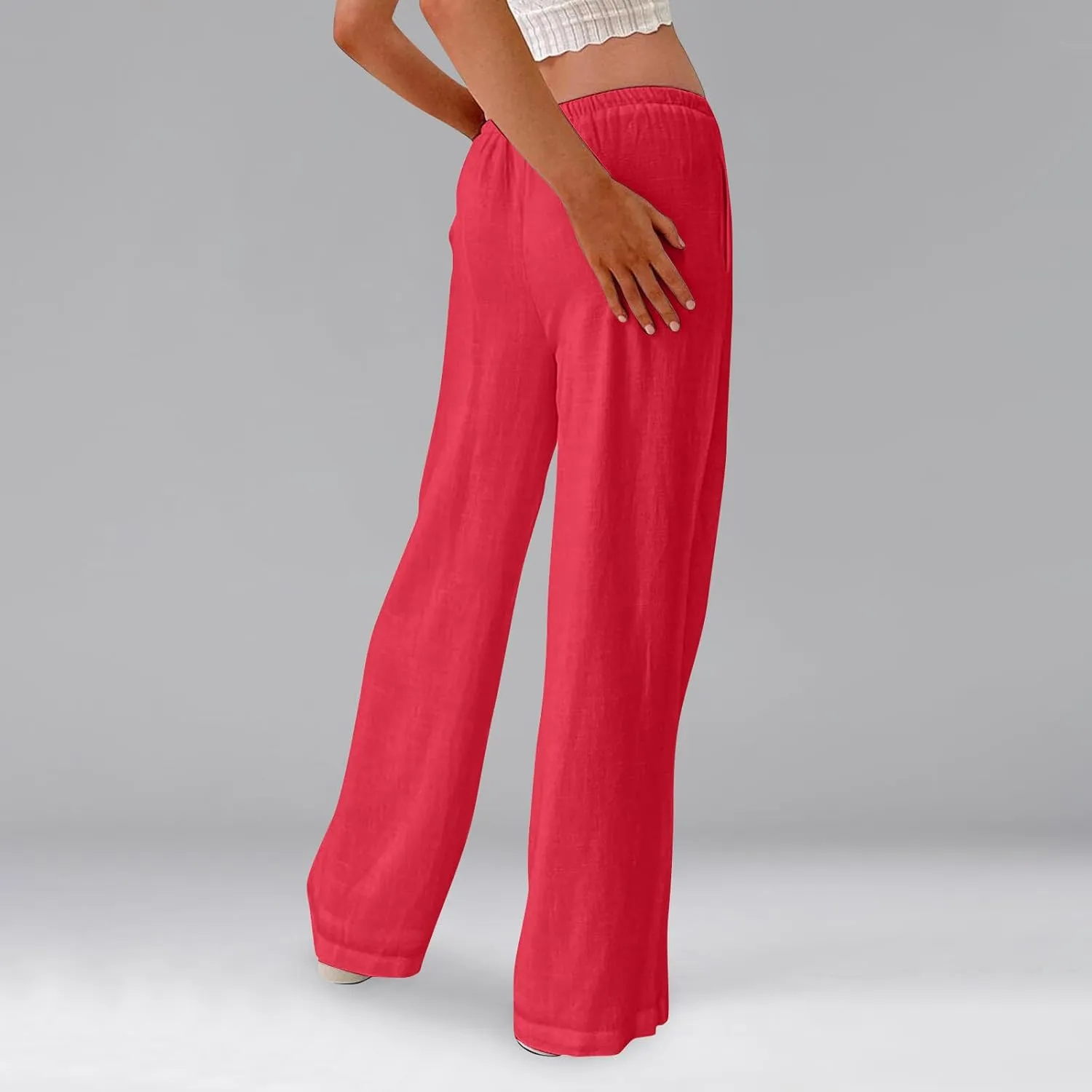 Ladies Linen Pants Summer Drawstring High Waist Wide Pants Palazzo Pant Casual Tummy Control Trousers with Pockets