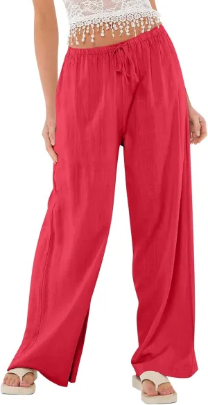 Ladies Linen Pants Summer Drawstring High Waist Wide Pants Palazzo Pant Casual Tummy Control Trousers with Pockets
