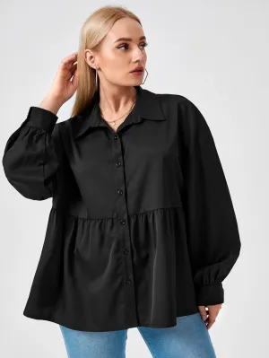 Long Sleeve Plain Button Front Collar Long Plus Blouse