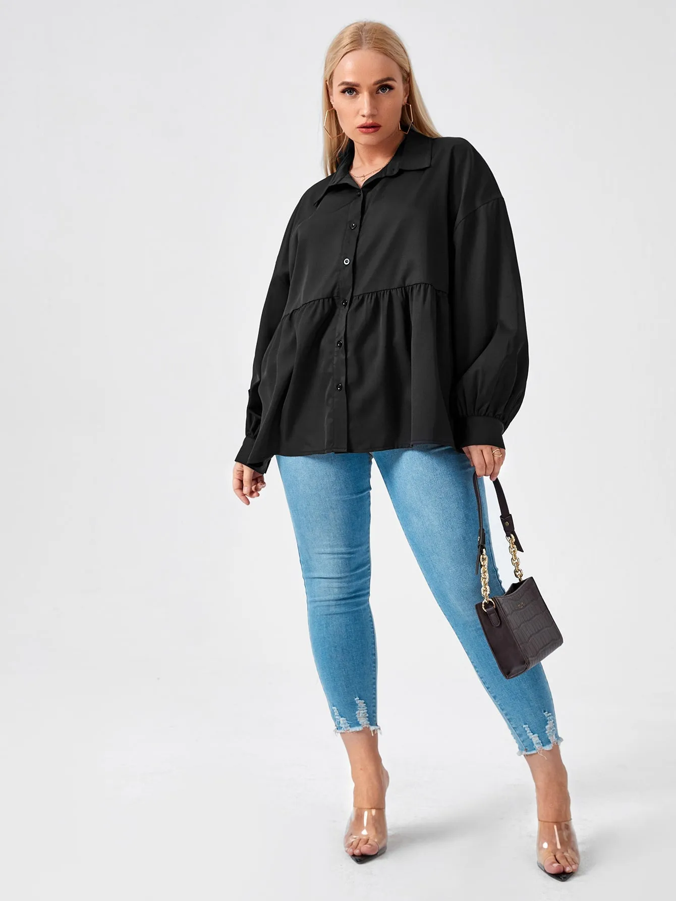 Long Sleeve Plain Button Front Collar Long Plus Blouse
