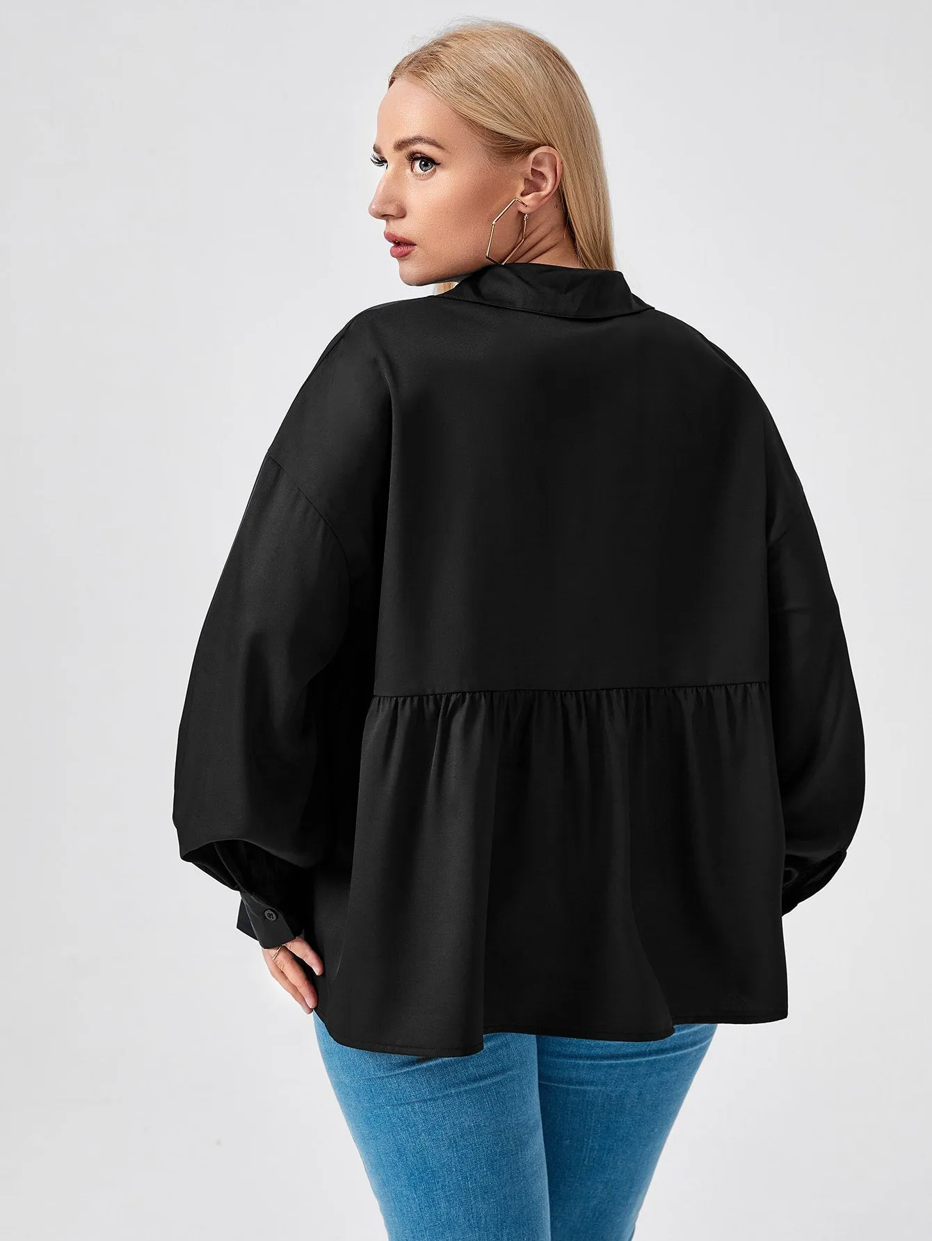 Long Sleeve Plain Button Front Collar Long Plus Blouse