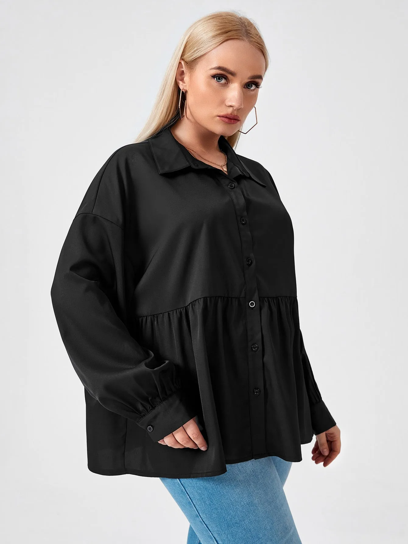 Long Sleeve Plain Button Front Collar Long Plus Blouse
