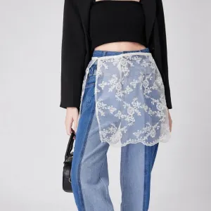 LVSANW Embroidery Flower Lace Sheer Half Skirt Hip Scarf Women Aesthetic See Through Apron Skirt Side Button Covering Overskirt