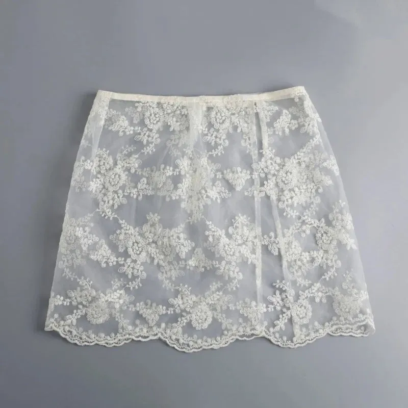 LVSANW Embroidery Flower Lace Sheer Half Skirt Hip Scarf Women Aesthetic See Through Apron Skirt Side Button Covering Overskirt