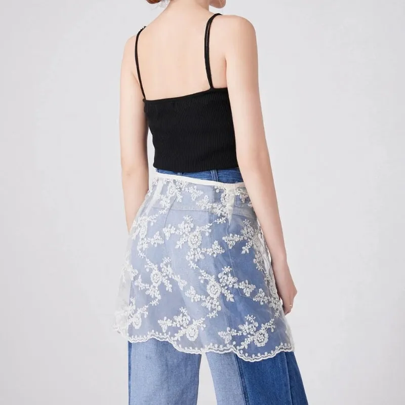 LVSANW Embroidery Flower Lace Sheer Half Skirt Hip Scarf Women Aesthetic See Through Apron Skirt Side Button Covering Overskirt