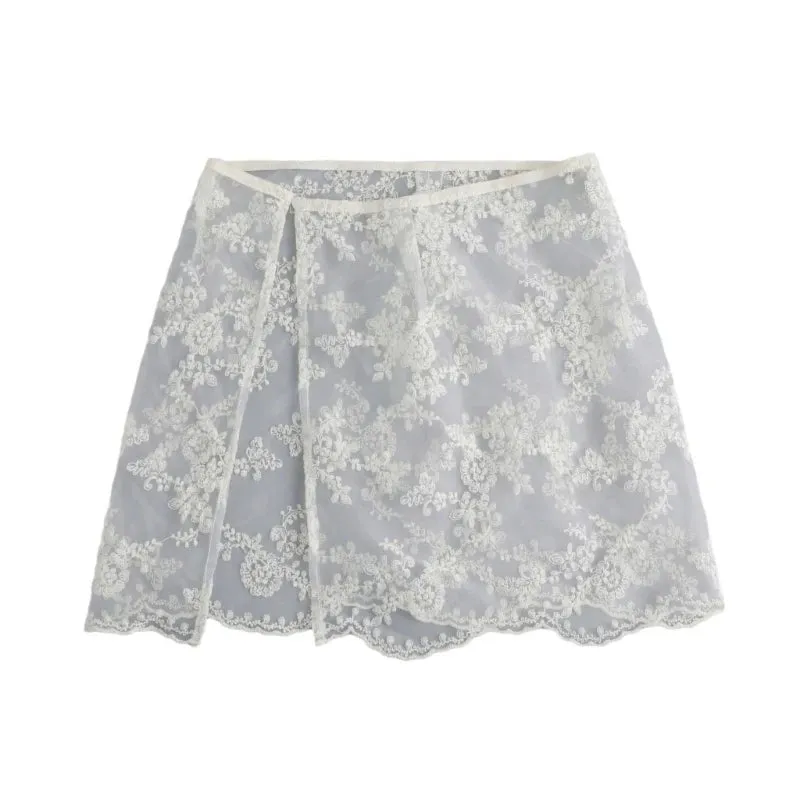 LVSANW Embroidery Flower Lace Sheer Half Skirt Hip Scarf Women Aesthetic See Through Apron Skirt Side Button Covering Overskirt