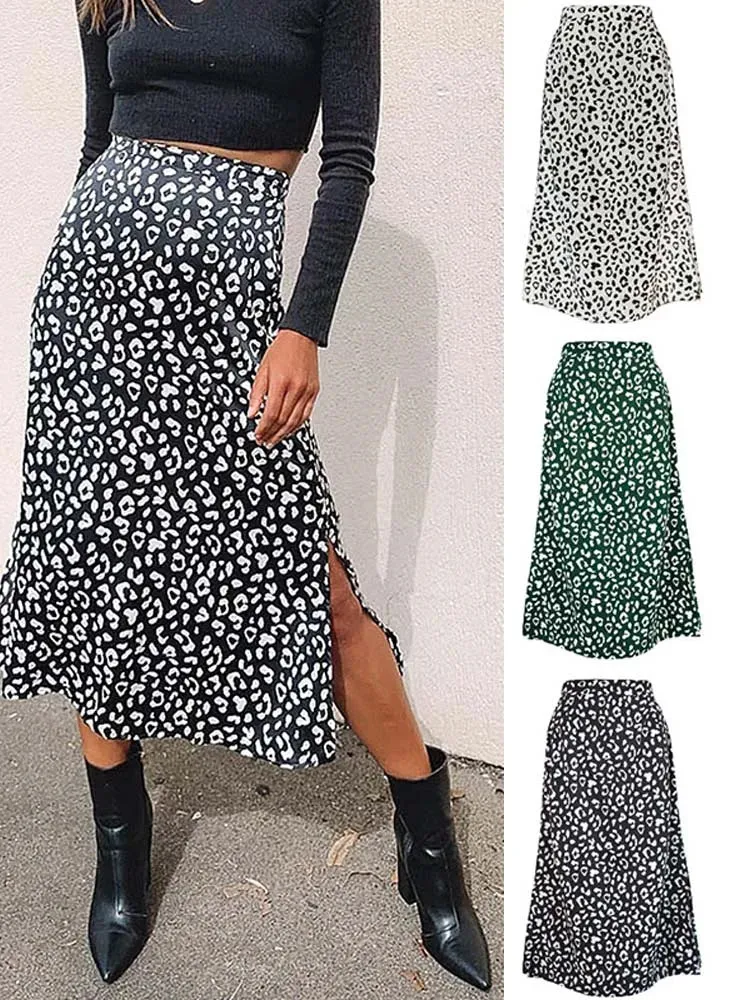 LVSANW New Sexy Leopard Print Chiffon Split Skirt Casual Fashion Long Skirts for Women Spring Summer Zip Elegant Female Skirt