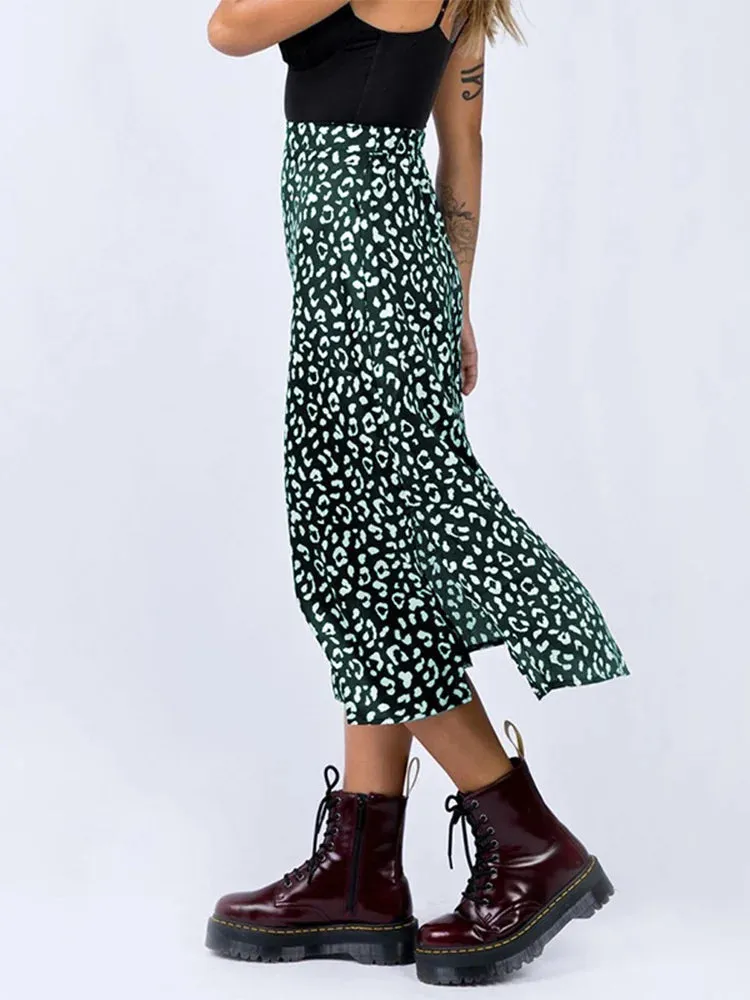 LVSANW New Sexy Leopard Print Chiffon Split Skirt Casual Fashion Long Skirts for Women Spring Summer Zip Elegant Female Skirt