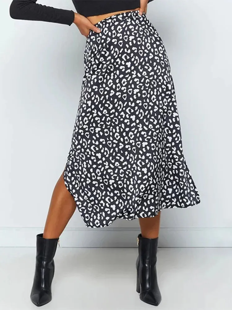LVSANW New Sexy Leopard Print Chiffon Split Skirt Casual Fashion Long Skirts for Women Spring Summer Zip Elegant Female Skirt