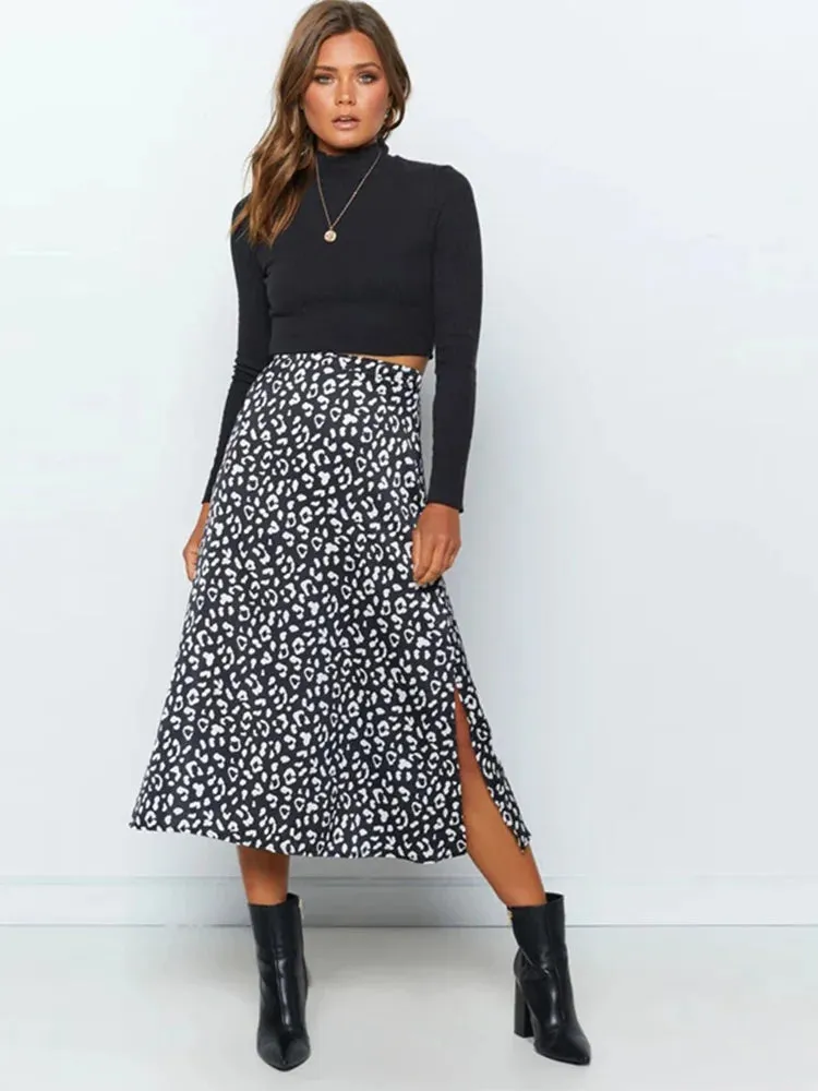 LVSANW New Sexy Leopard Print Chiffon Split Skirt Casual Fashion Long Skirts for Women Spring Summer Zip Elegant Female Skirt