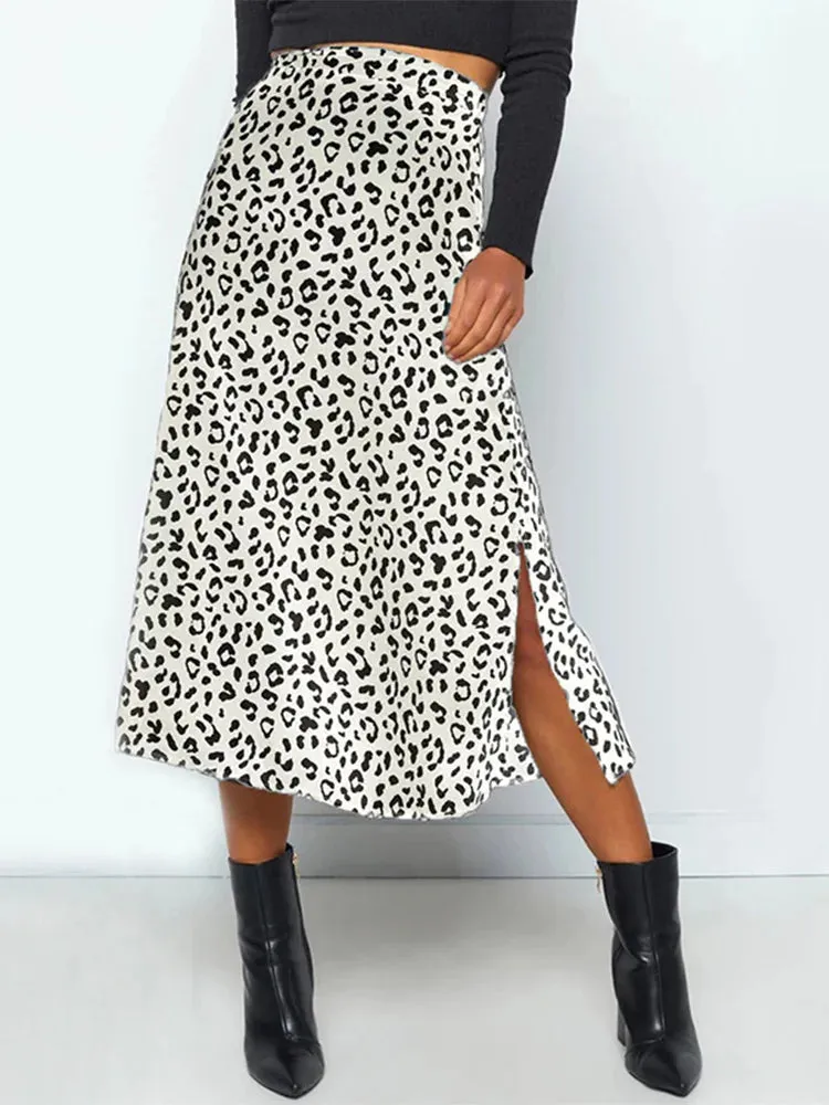 LVSANW New Sexy Leopard Print Chiffon Split Skirt Casual Fashion Long Skirts for Women Spring Summer Zip Elegant Female Skirt