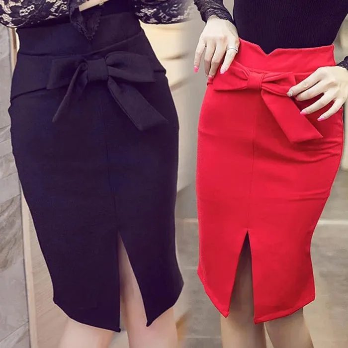 LVSANW Women Pencil Skirt Knee Length High Waist Elegant Open Slit Bow Skirt S-5XL