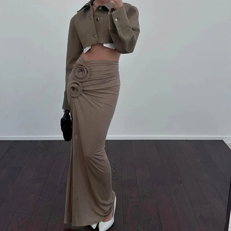 LVSANW Xeemilo Vintage Flower Applique High Split Long Skirt Sexy High-waist Ruched Solid Slim Skirt Elegant Fashion Women Autumn Skirt