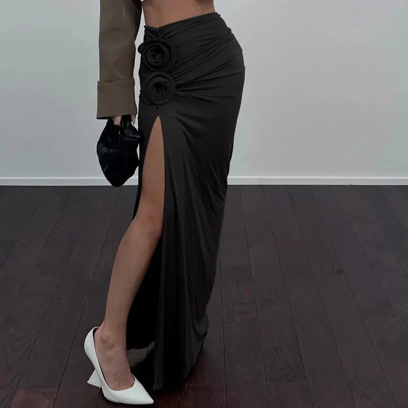 LVSANW Xeemilo Vintage Flower Applique High Split Long Skirt Sexy High-waist Ruched Solid Slim Skirt Elegant Fashion Women Autumn Skirt