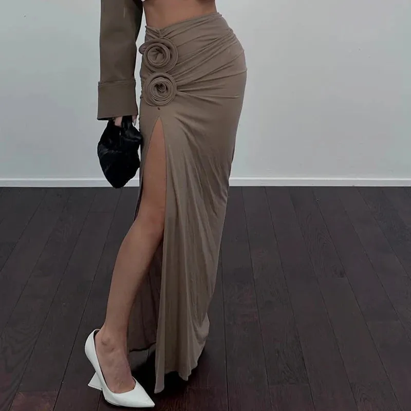 LVSANW Xeemilo Vintage Flower Applique High Split Long Skirt Sexy High-waist Ruched Solid Slim Skirt Elegant Fashion Women Autumn Skirt