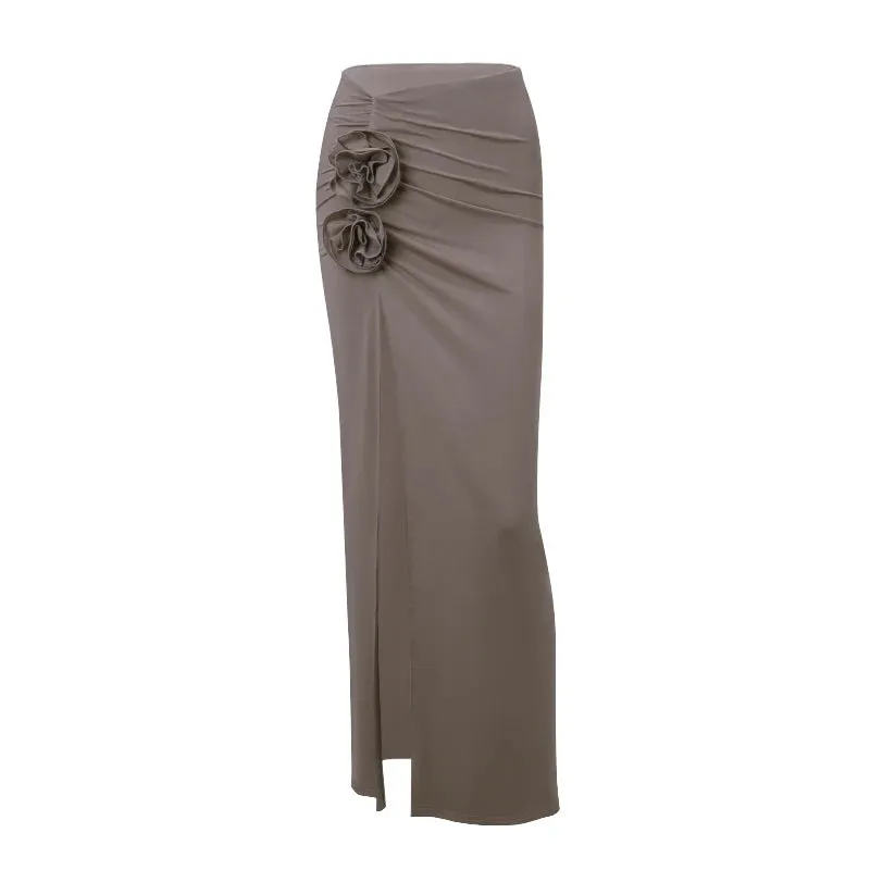 LVSANW Xeemilo Vintage Flower Applique High Split Long Skirt Sexy High-waist Ruched Solid Slim Skirt Elegant Fashion Women Autumn Skirt