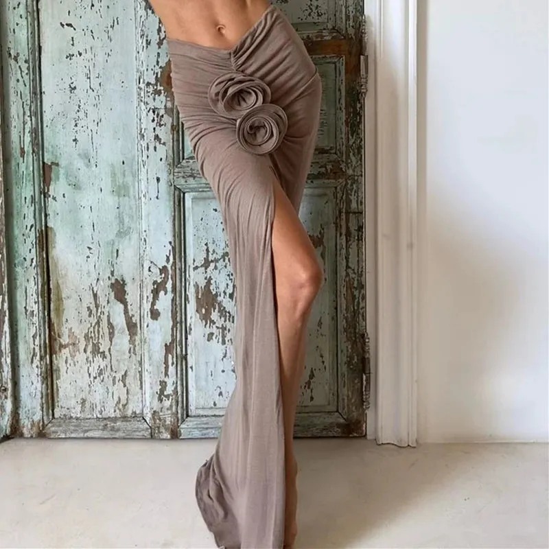 LVSANW Xeemilo Vintage Flower Applique High Split Long Skirt Sexy High-waist Ruched Solid Slim Skirt Elegant Fashion Women Autumn Skirt