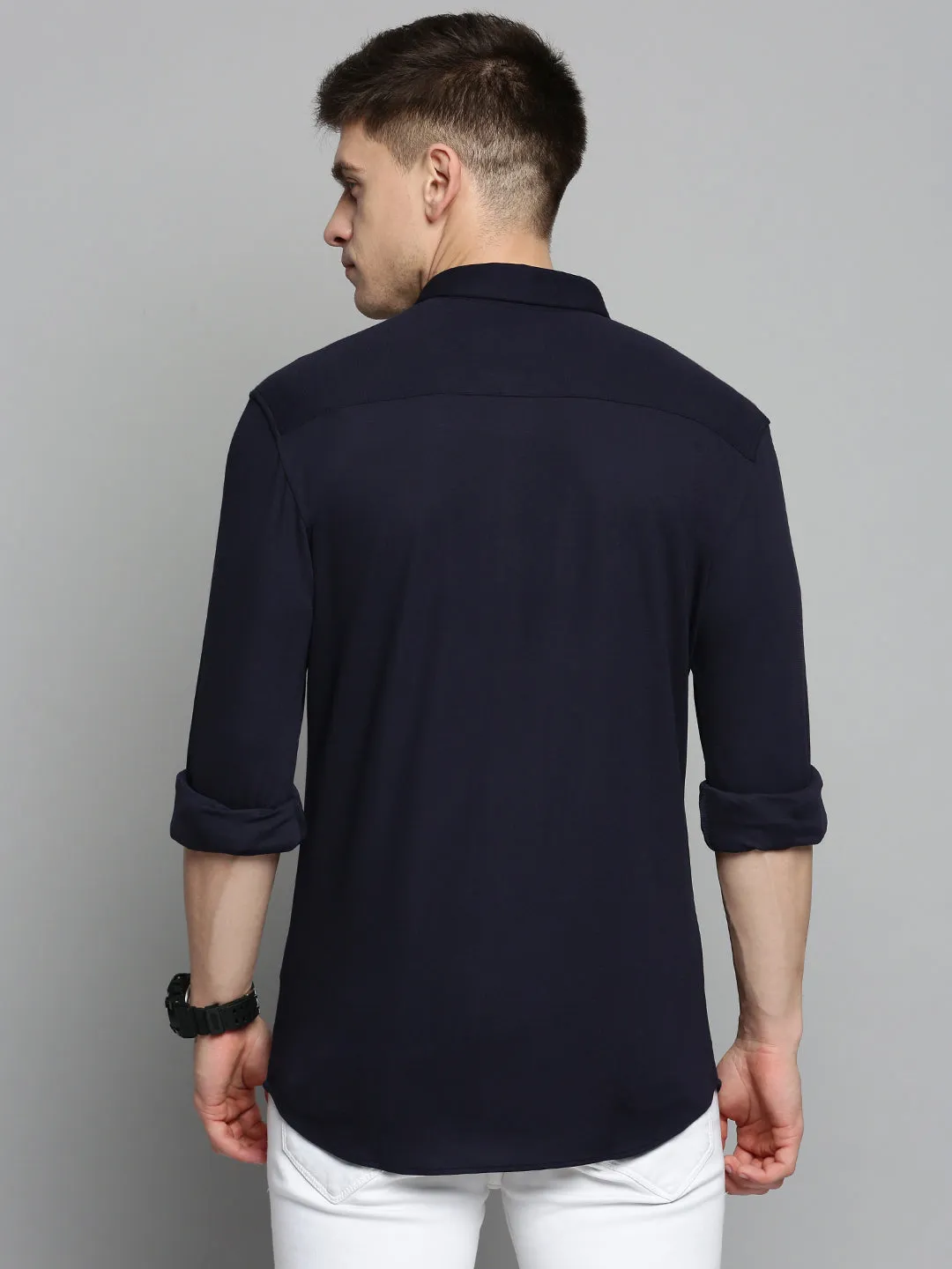 Men Navy Blue Comfort Slim Fit Cotton Casual Shirt