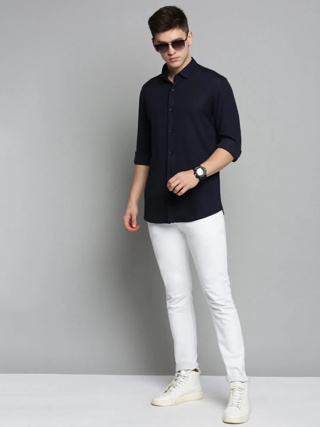 Men Navy Blue Comfort Slim Fit Cotton Casual Shirt