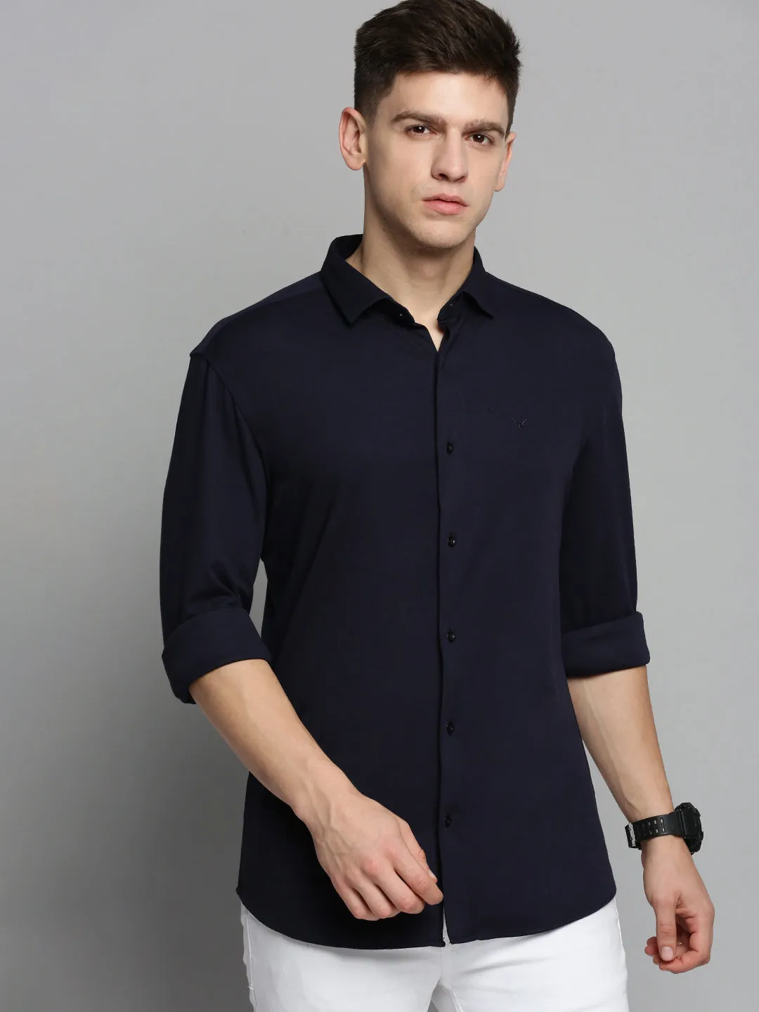 Men Navy Blue Comfort Slim Fit Cotton Casual Shirt