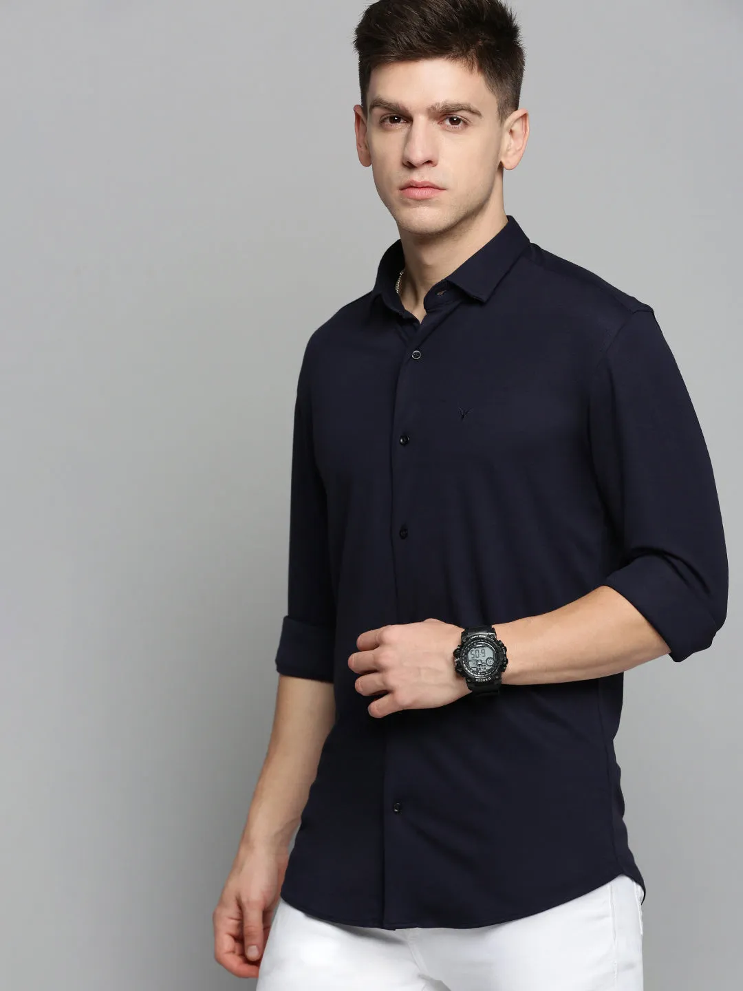Men Navy Blue Comfort Slim Fit Cotton Casual Shirt