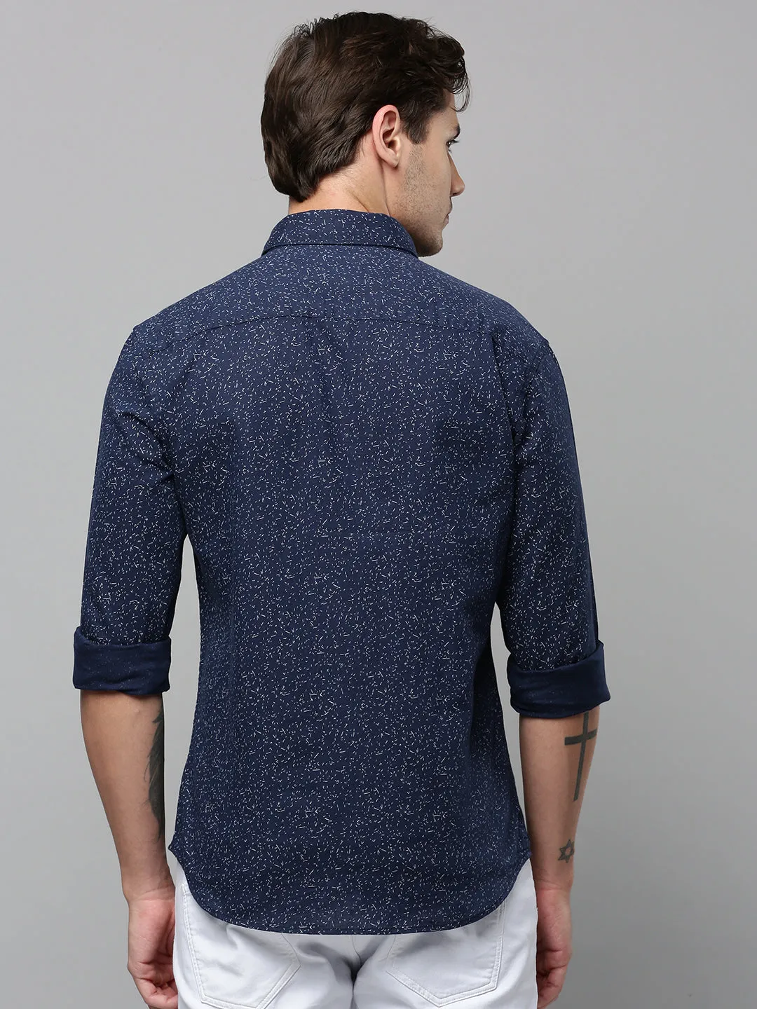 Men Navy Blue Micro Ditsy Printed Spread Collar Long Sleeves Comfort Cotton Casual Shirt
