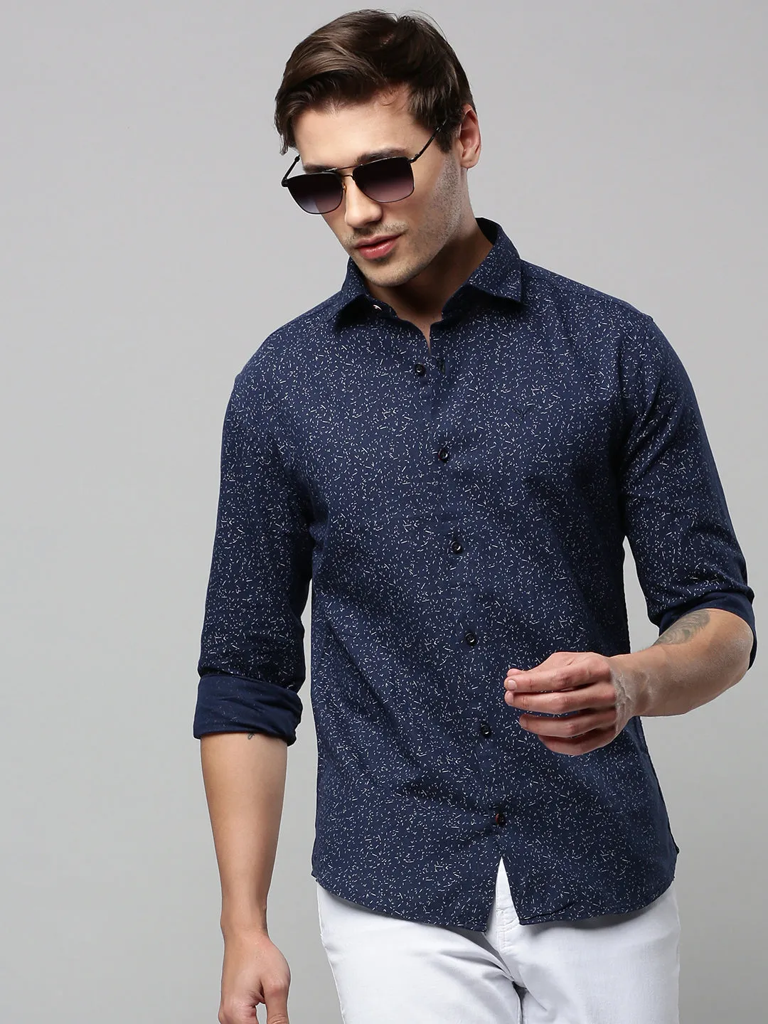 Men Navy Blue Micro Ditsy Printed Spread Collar Long Sleeves Comfort Cotton Casual Shirt
