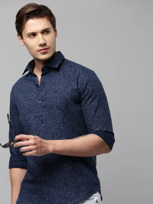 Men Navy Blue Micro Ditsy Printed Spread Collar Long Sleeves Comfort Cotton Casual Shirt