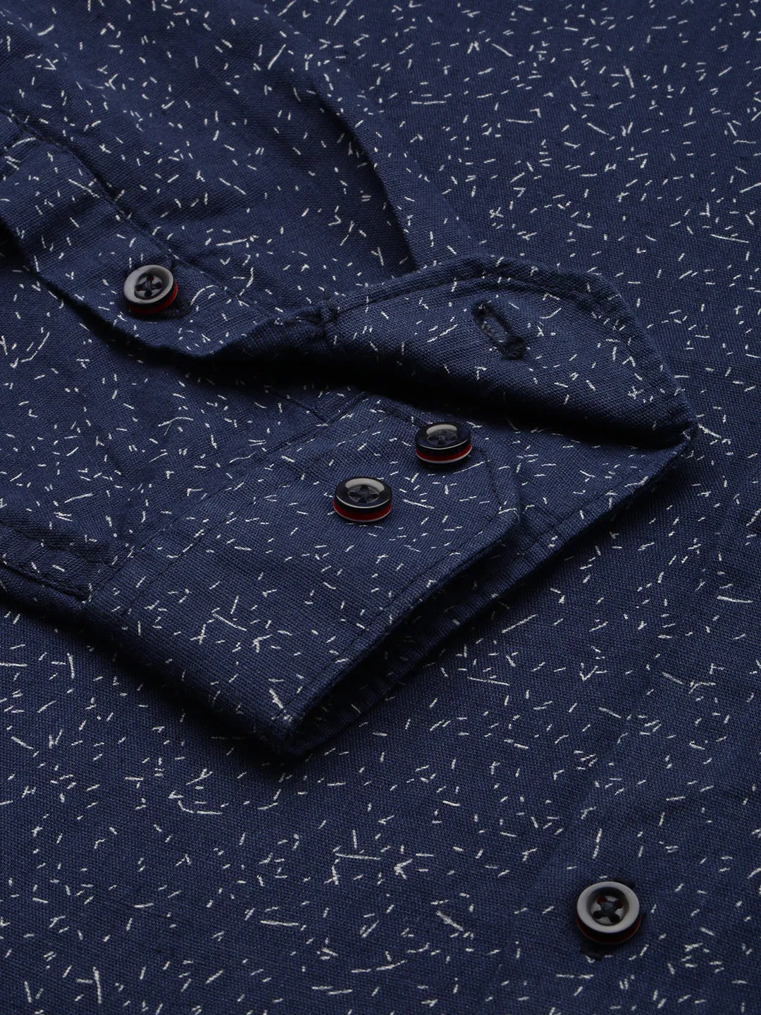 Men Navy Blue Micro Ditsy Printed Spread Collar Long Sleeves Comfort Cotton Casual Shirt
