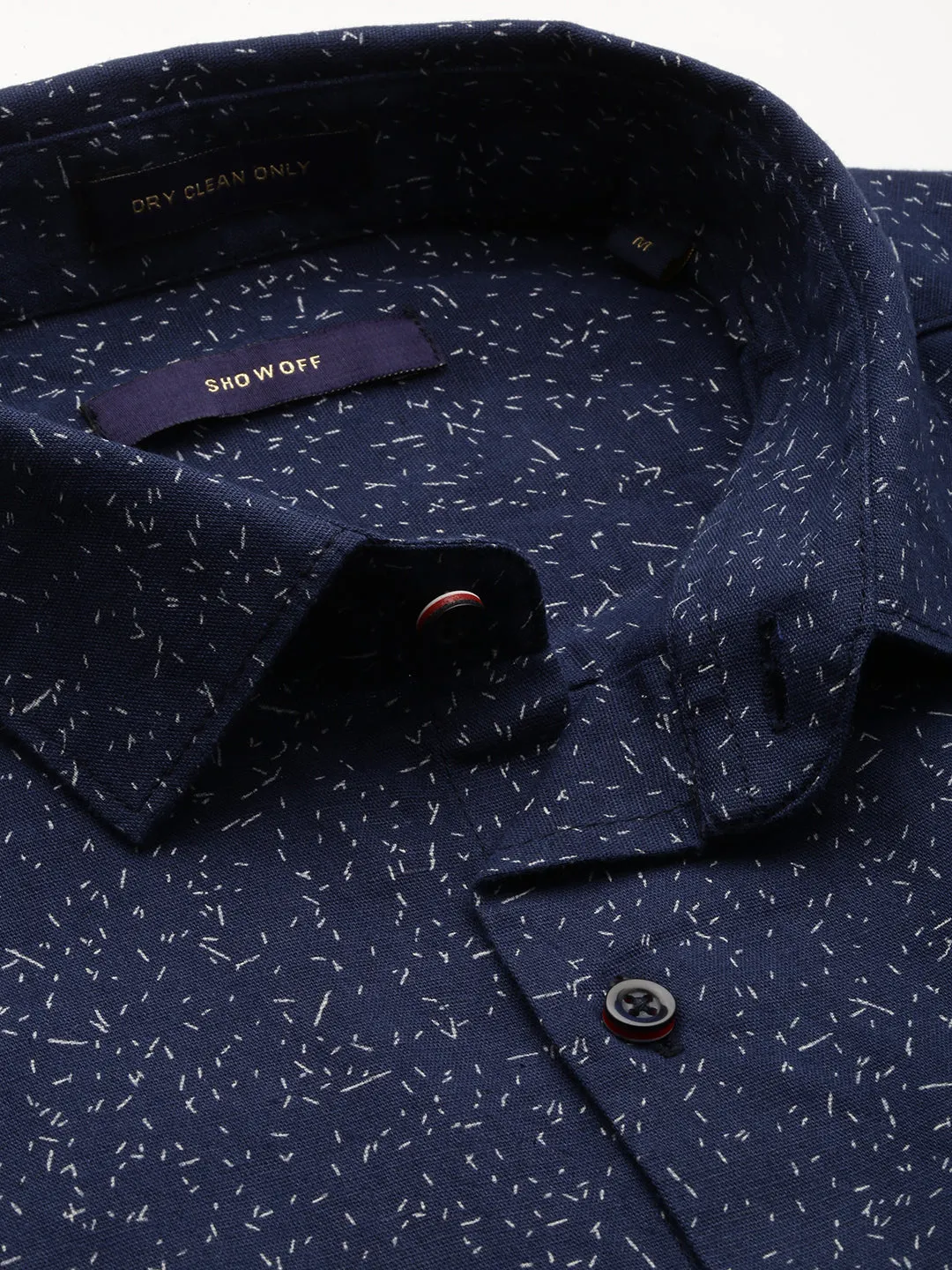 Men Navy Blue Micro Ditsy Printed Spread Collar Long Sleeves Comfort Cotton Casual Shirt