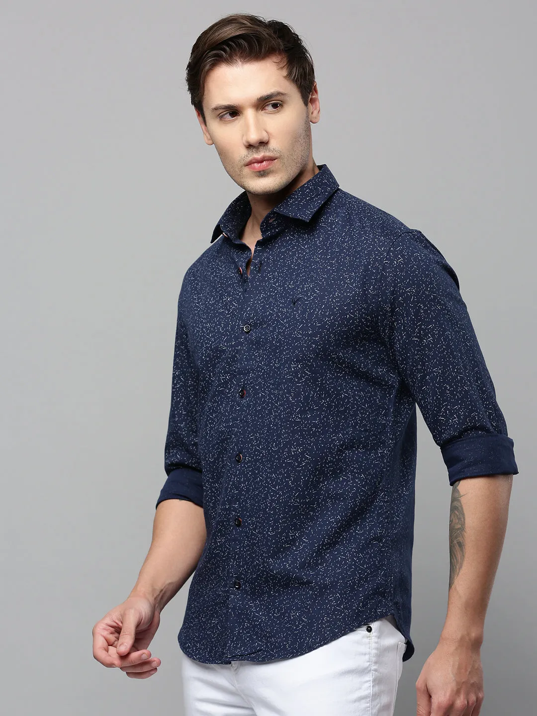 Men Navy Blue Micro Ditsy Printed Spread Collar Long Sleeves Comfort Cotton Casual Shirt