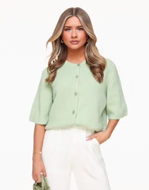 Mintgroene Gebreide 3/4 Mouwen - Vest