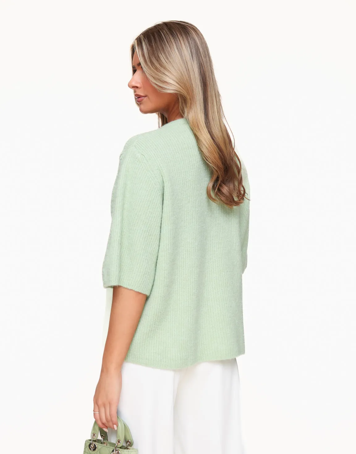 Mintgroene Gebreide 3/4 Mouwen - Vest