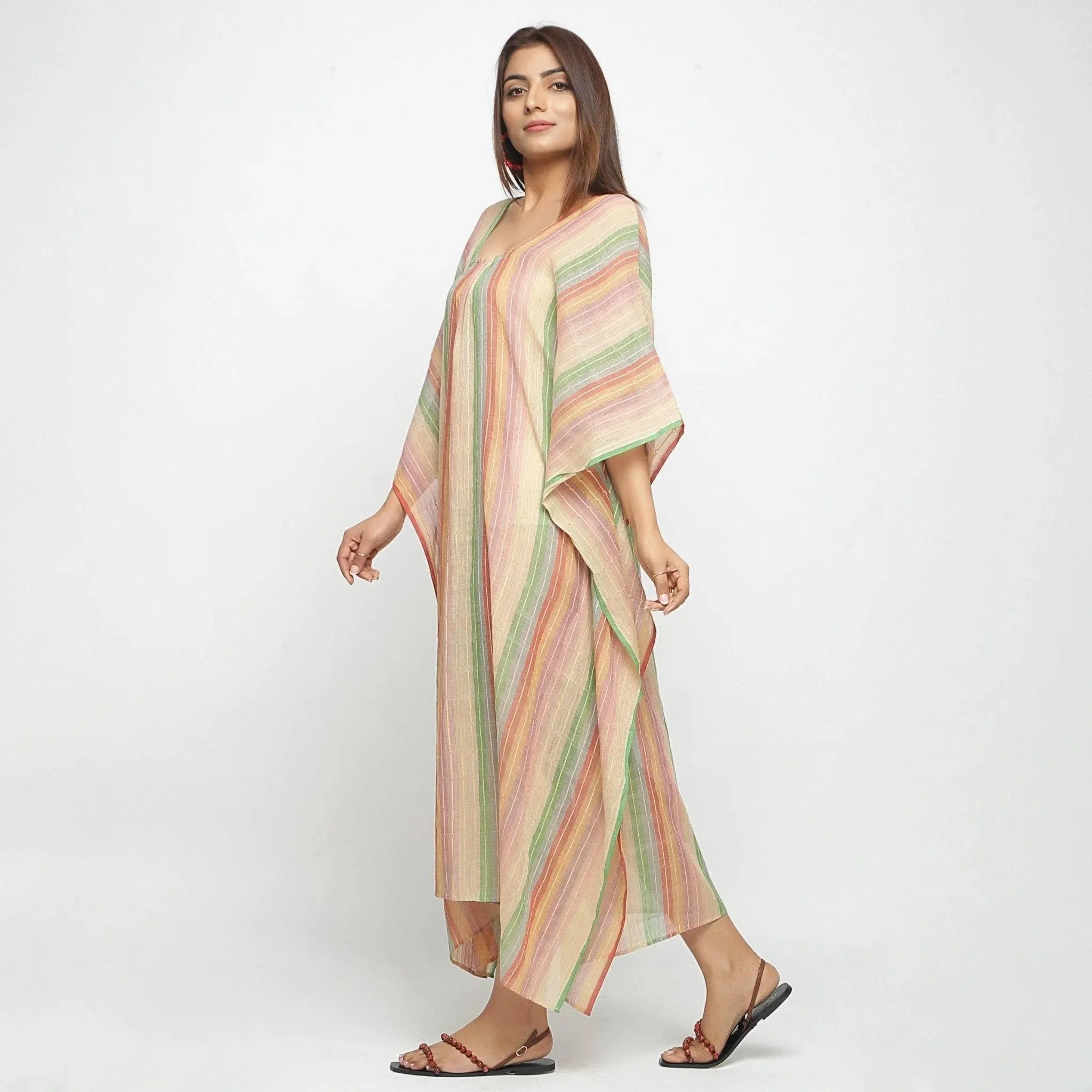 Multicolor Handwoven Cotton Midi Kaftan Dress