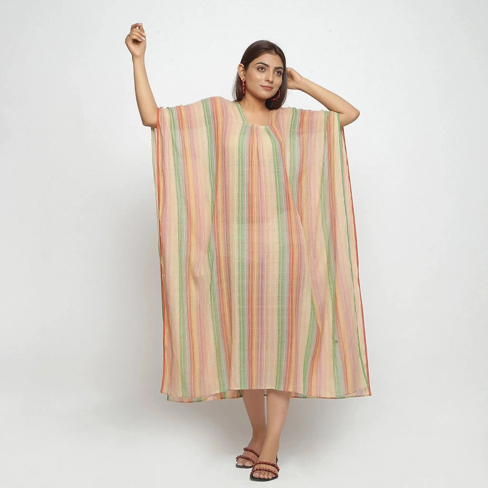 Multicolor Handwoven Cotton Midi Kaftan Dress