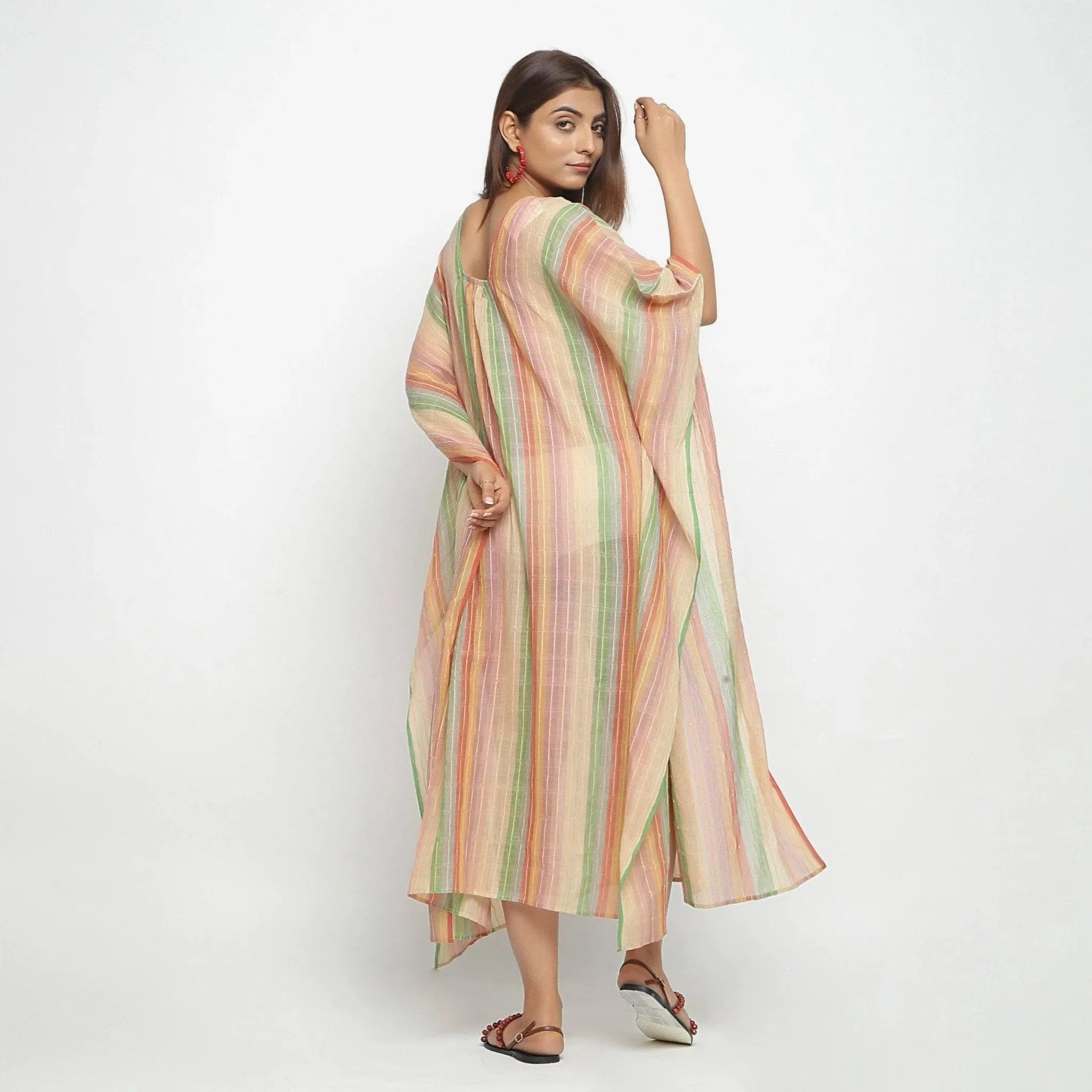 Multicolor Handwoven Cotton Midi Kaftan Dress
