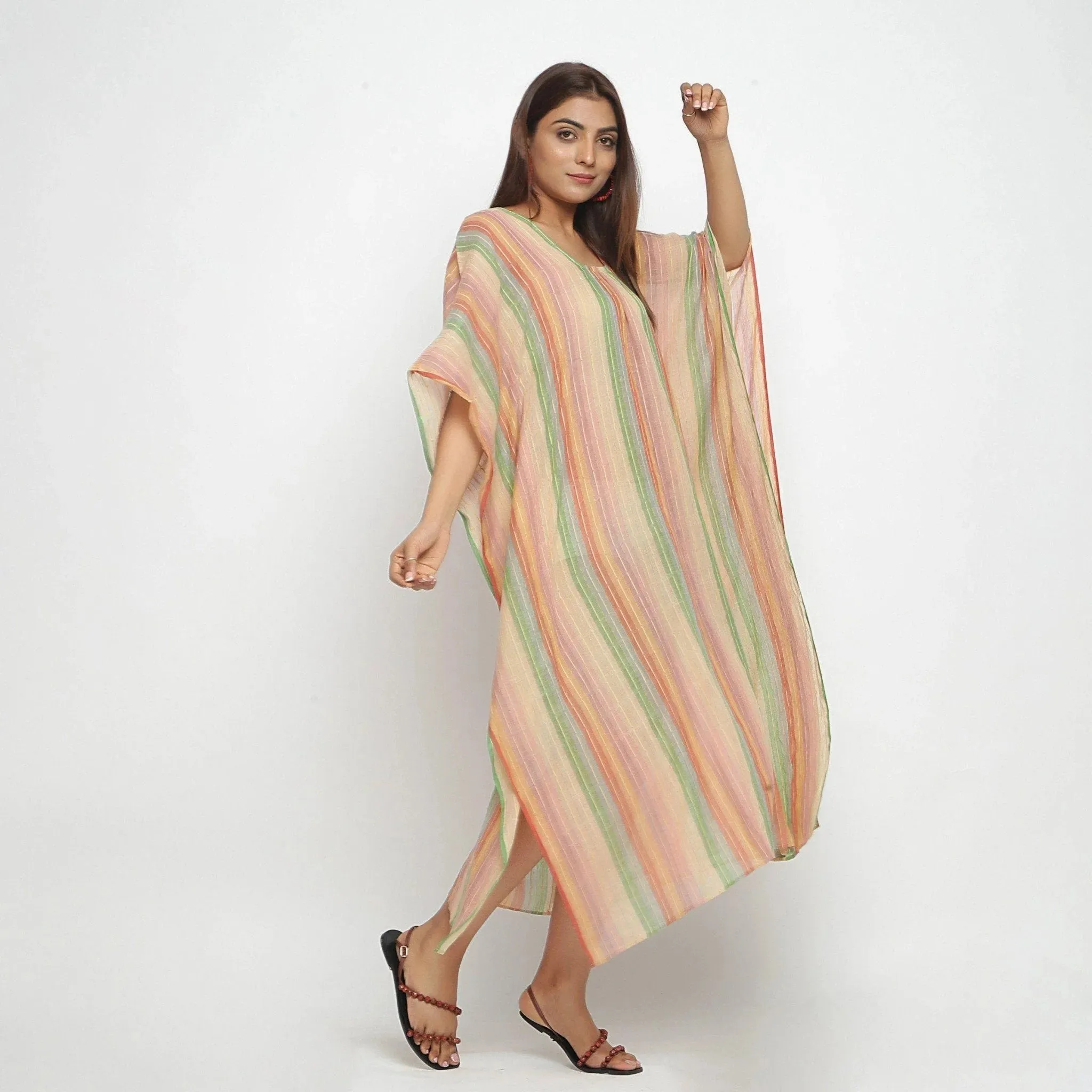 Multicolor Handwoven Cotton Midi Kaftan Dress