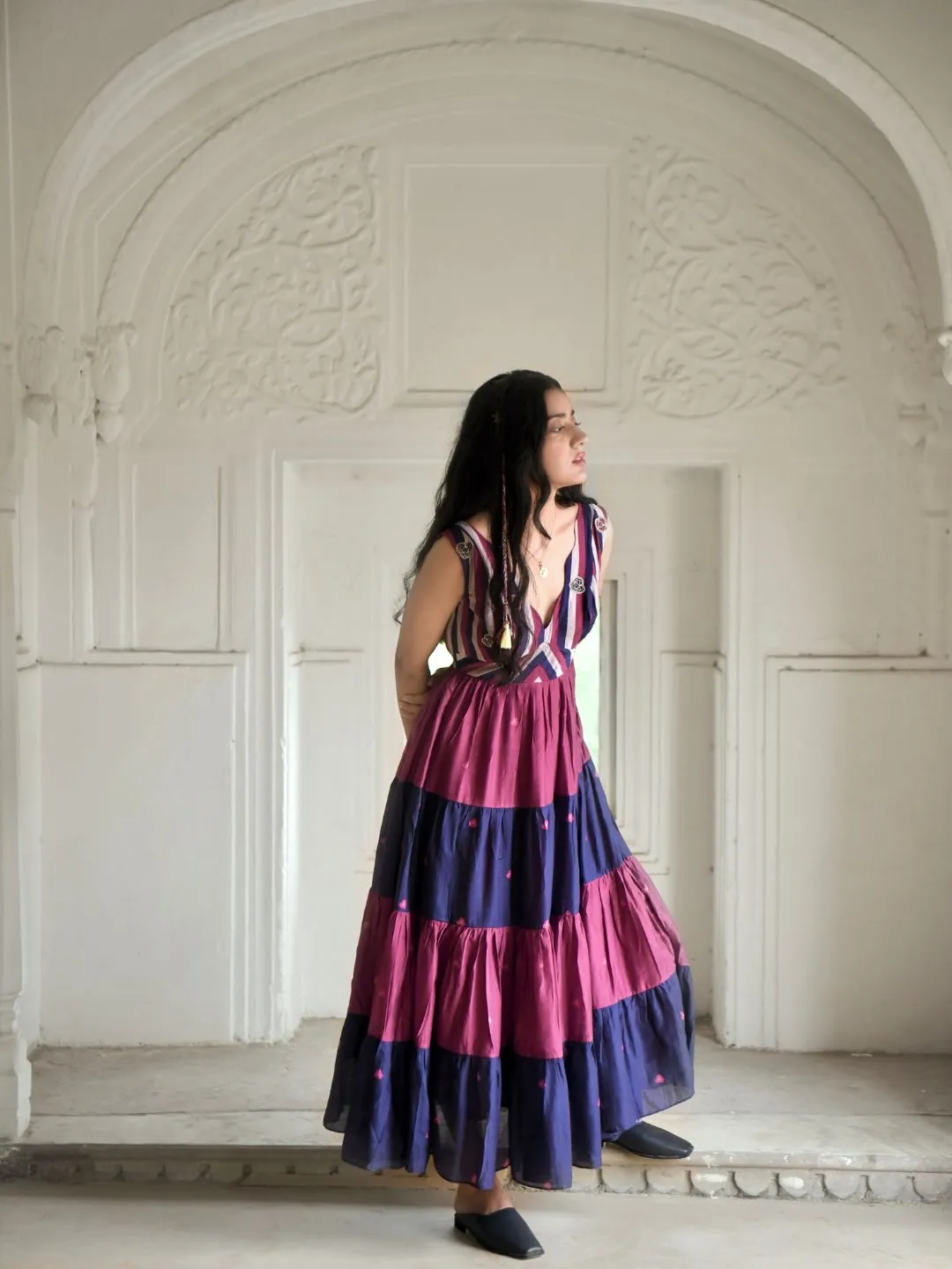 Multicolored Bloomy Merlot Silky Tiered Dress