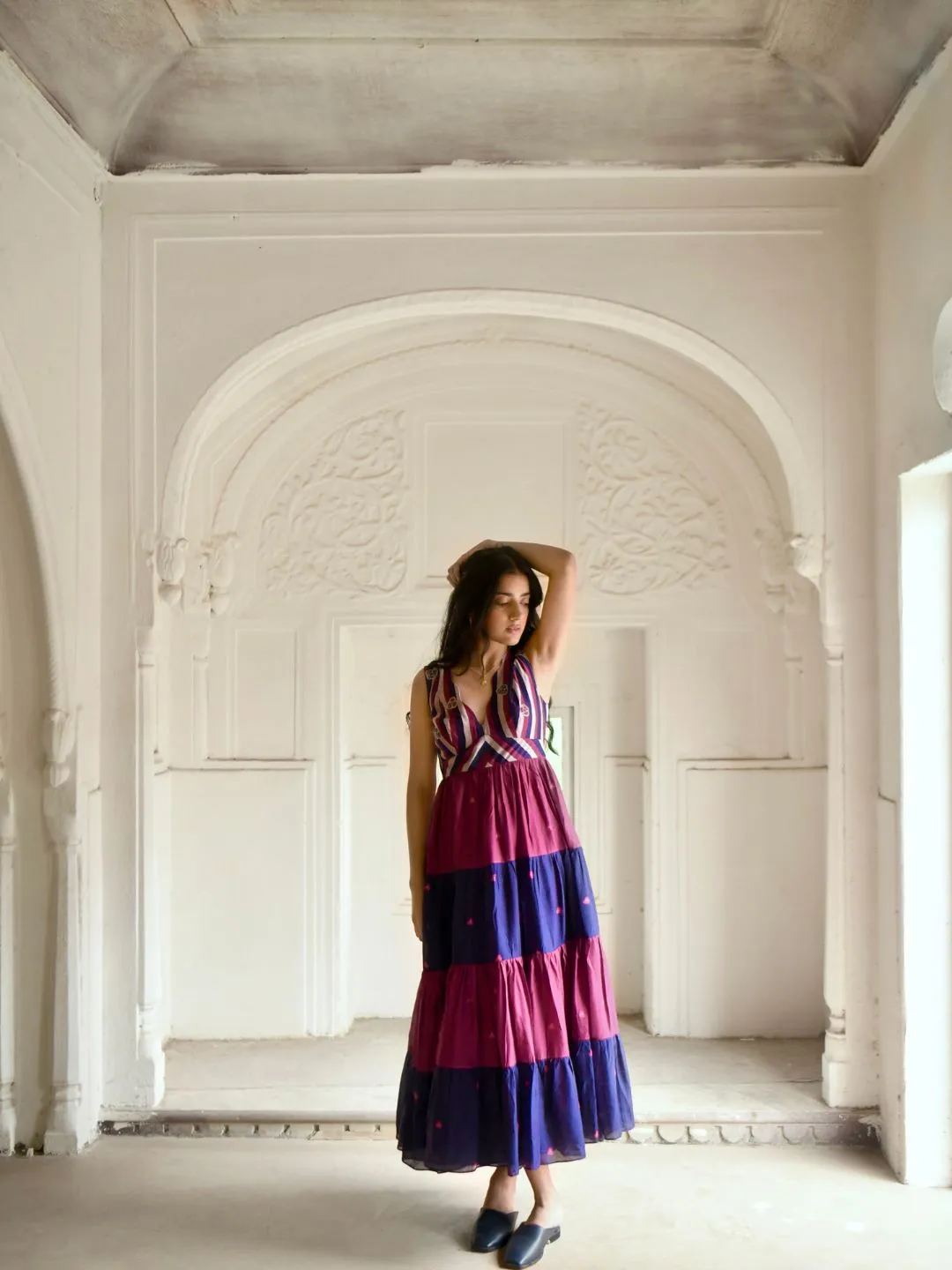Multicolored Bloomy Merlot Silky Tiered Dress
