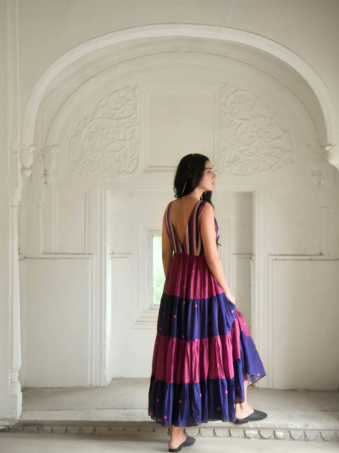 Multicolored Bloomy Merlot Silky Tiered Dress