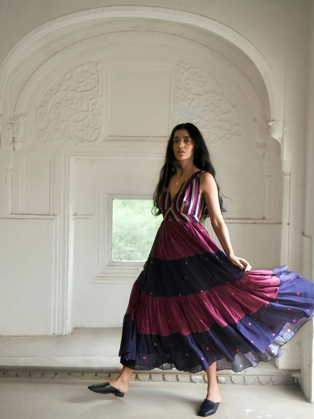 Multicolored Bloomy Merlot Silky Tiered Dress
