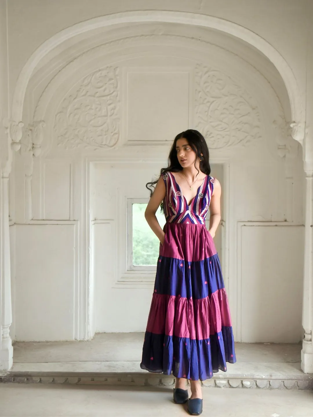 Multicolored Bloomy Merlot Silky Tiered Dress