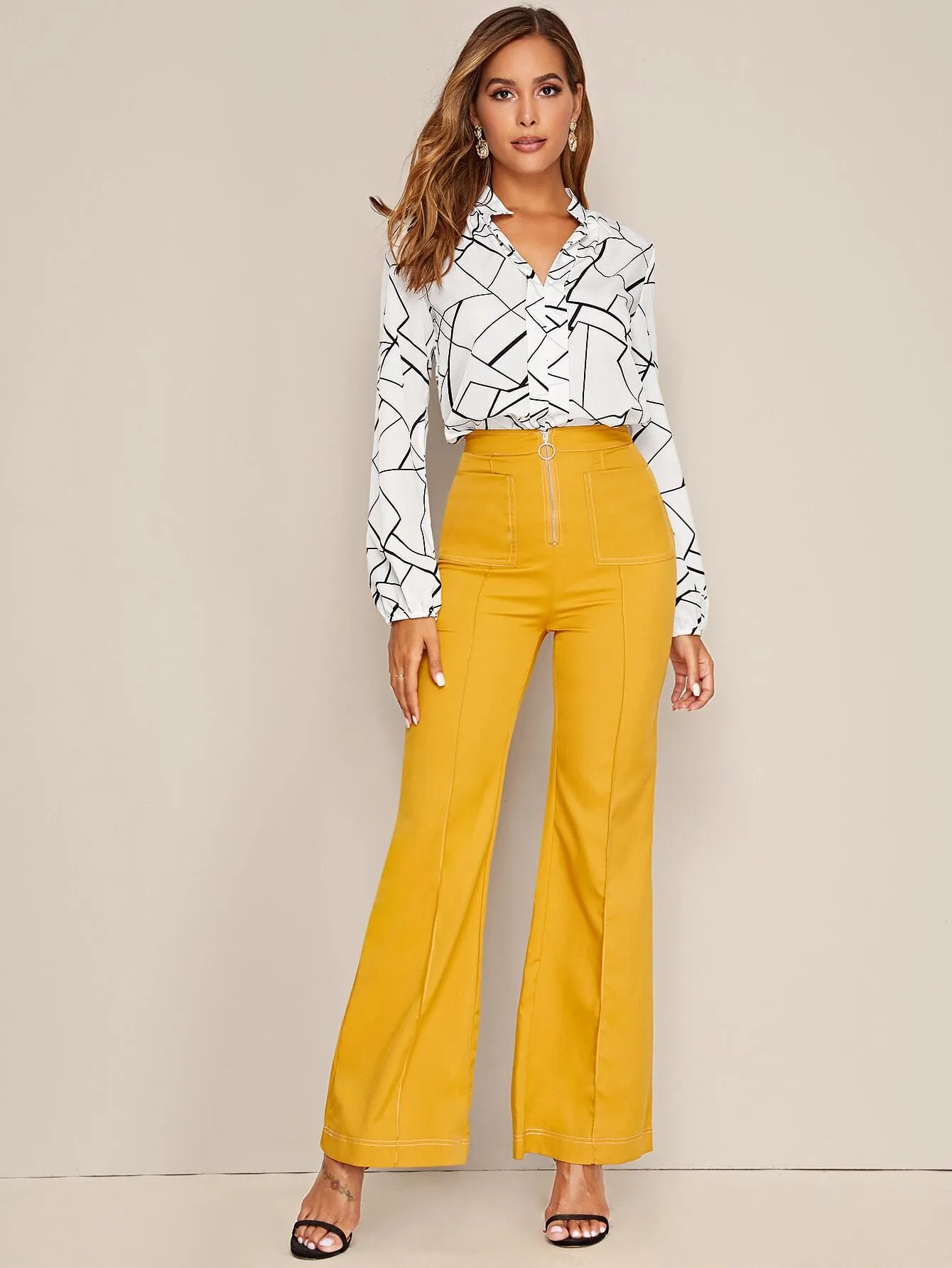 Notch Neck Geo Print Blouse