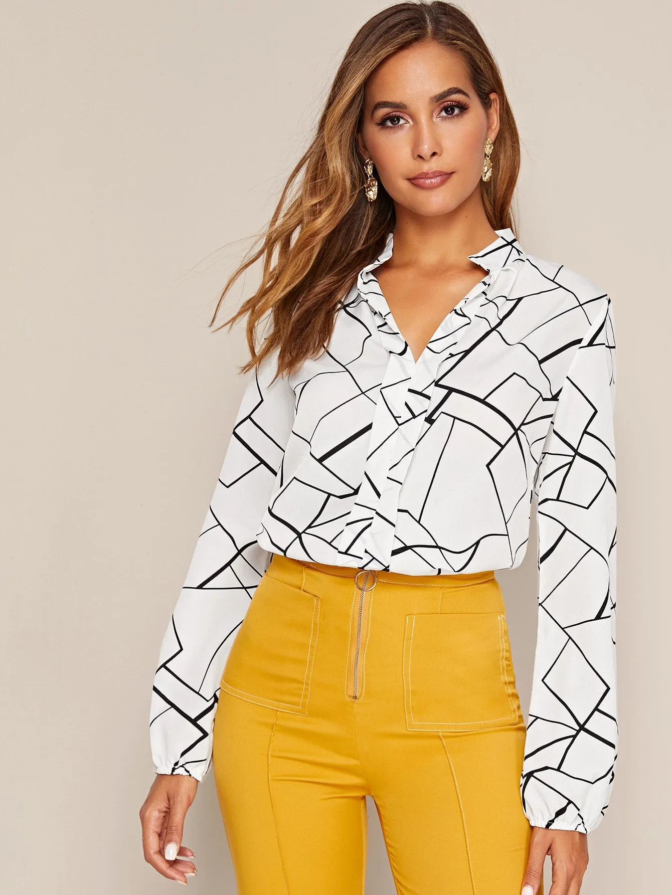 Notch Neck Geo Print Blouse
