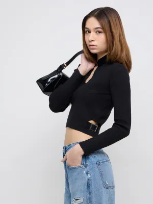 Nuon Black Ribbed-Textured Crop Top
