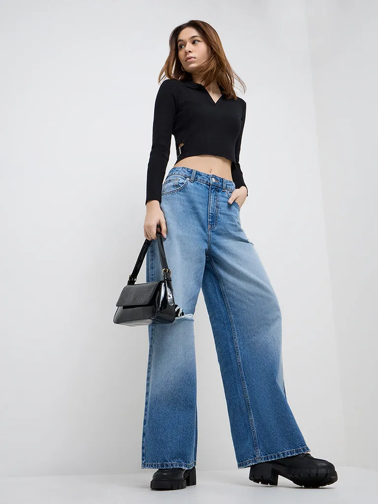 Nuon Black Ribbed-Textured Crop Top